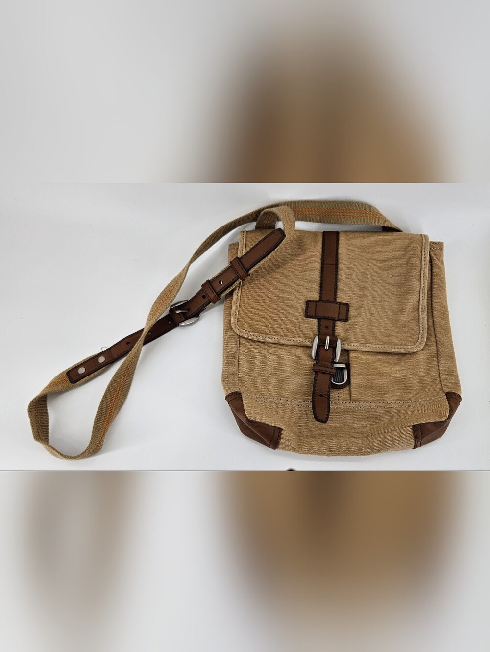 Canvas Fossil Crossbody Messenger Bag - Tan with Brown Faux Leather Trim